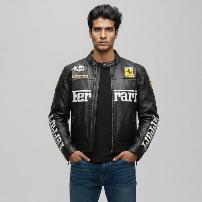Ferrari Black Vegan Leather Racing Jacket – Embroidered (Unisex