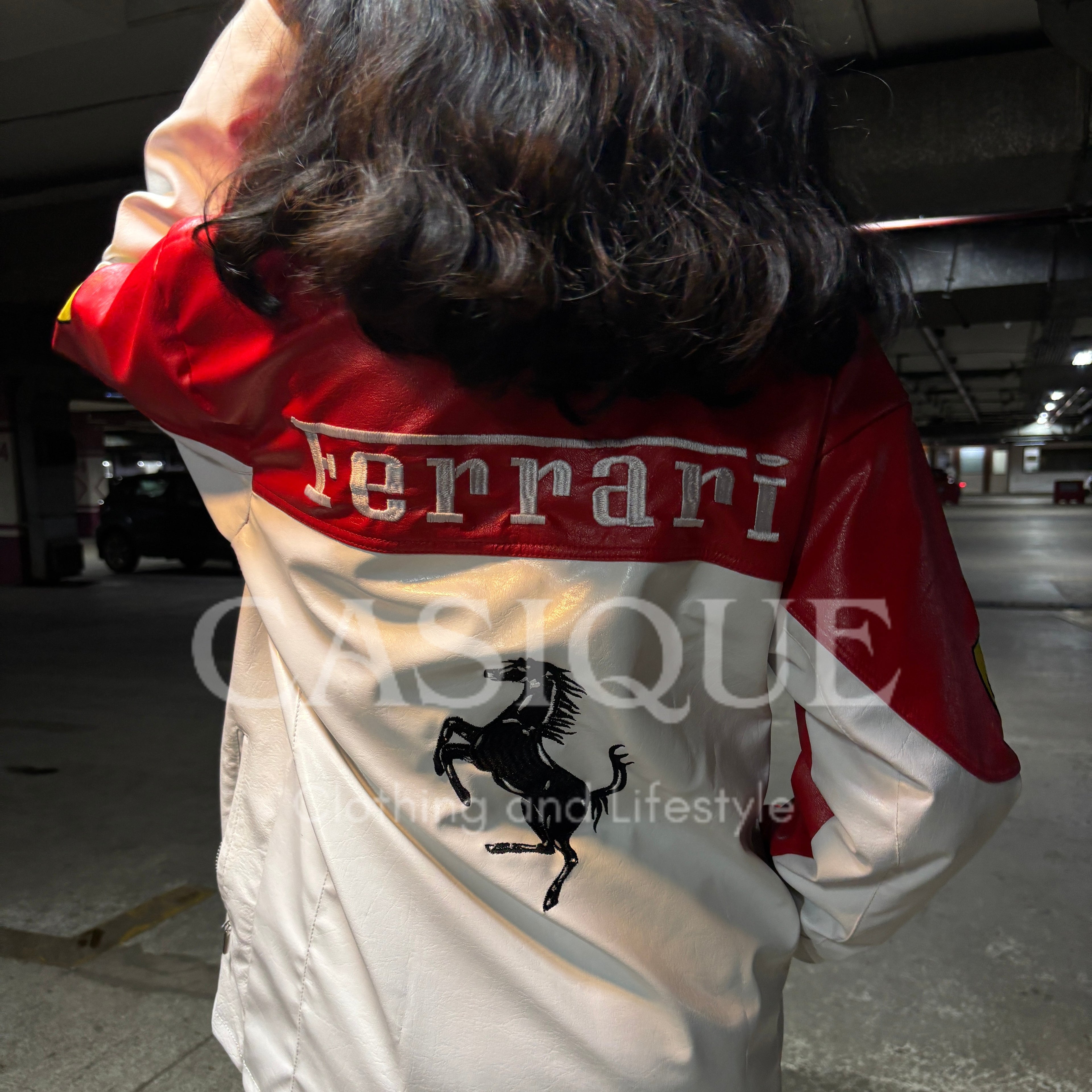 Red and White Premium Ferrari Leather Jacket - Embroidered (Unisex)