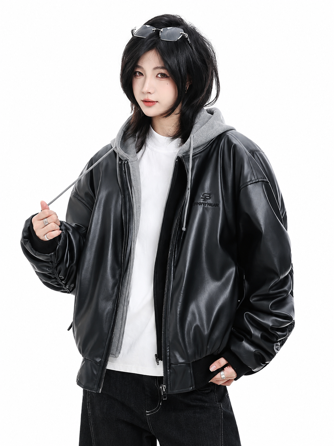 Oversized Faux Leather Hooded Zip-Up Jacket | Unisex Streetwear Hoodie | Black PU Leather Bomber