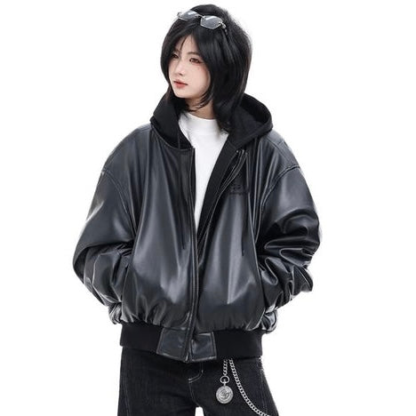 Oversized Faux Leather Hooded Zip-Up Jacket | Unisex Streetwear Hoodie | Black PU Leather Bomber