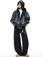 Oversized Faux Leather Hooded Zip-Up Jacket | Unisex Streetwear Hoodie | Black PU Leather Bomber