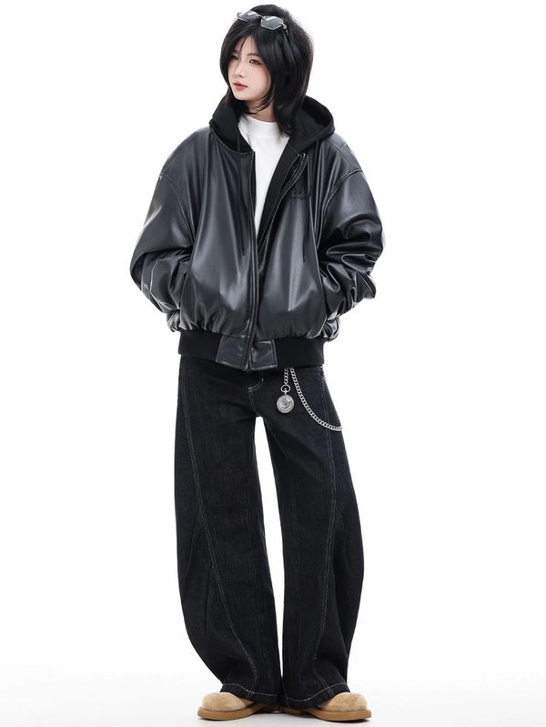 Oversized Faux Leather Hooded Zip-Up Jacket | Unisex Streetwear Hoodie | Black PU Leather Bomber