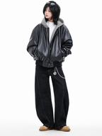 Oversized Faux Leather Hooded Zip-Up Jacket | Unisex Streetwear Hoodie | Black PU Leather Bomber