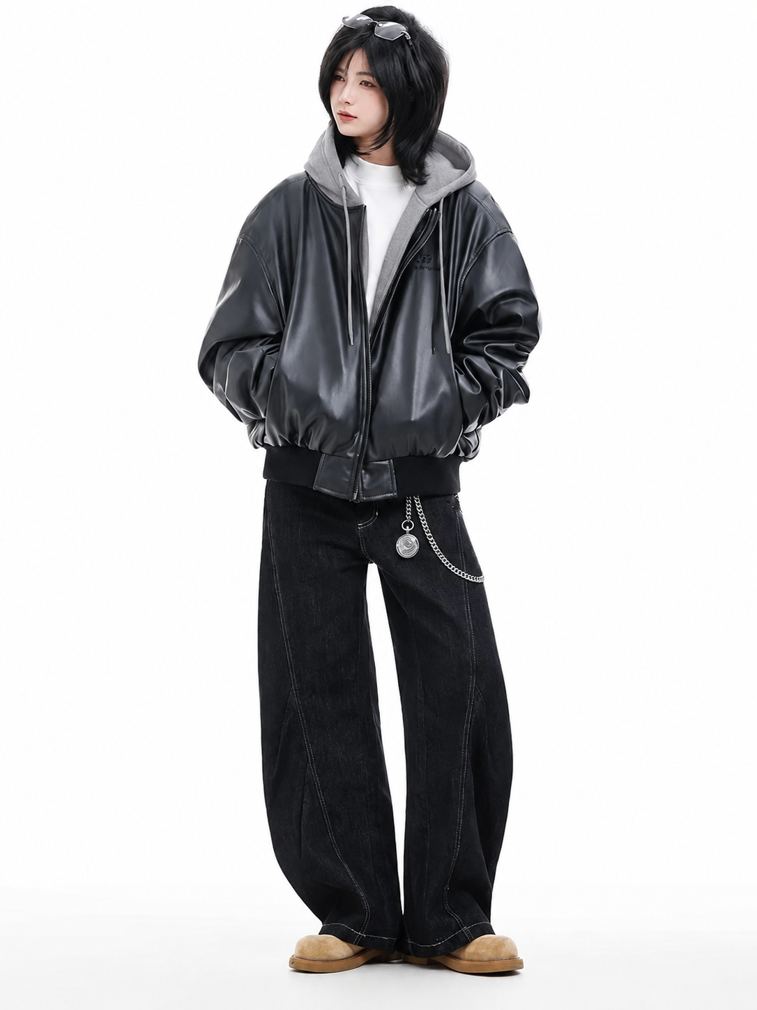 Oversized Faux Leather Hooded Zip-Up Jacket | Unisex Streetwear Hoodie | Black PU Leather Bomber
