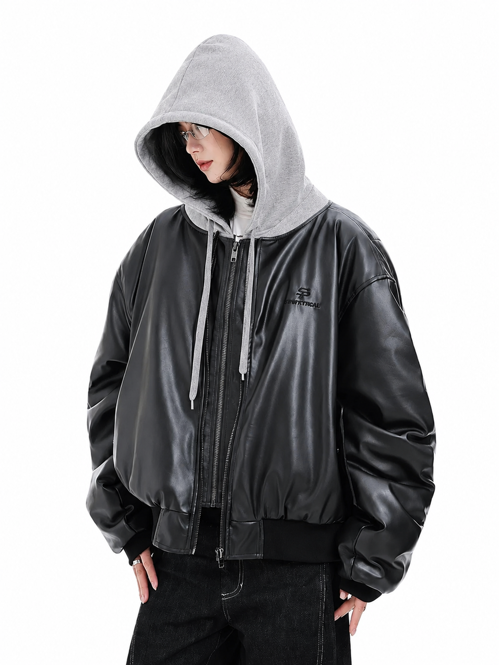 Oversized Faux Leather Hooded Zip-Up Jacket | Unisex Streetwear Hoodie | Black PU Leather Bomber