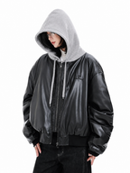 Oversized Faux Leather Hooded Zip-Up Jacket | Unisex Streetwear Hoodie | Black PU Leather Bomber