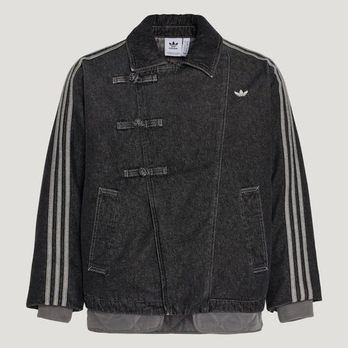 Asymmetrical Washed Denim Mandarin Collar Jacket – CNY Inspired Chinese Knot Unisex Streetwear