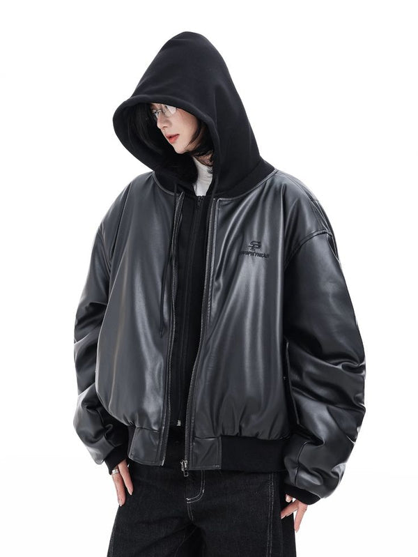 Oversized Faux Leather Hooded Zip-Up Jacket | Unisex Streetwear Hoodie | Black PU Leather Bomber