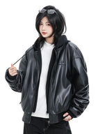 Oversized Faux Leather Hooded Zip-Up Jacket | Unisex Streetwear Hoodie | Black PU Leather Bomber