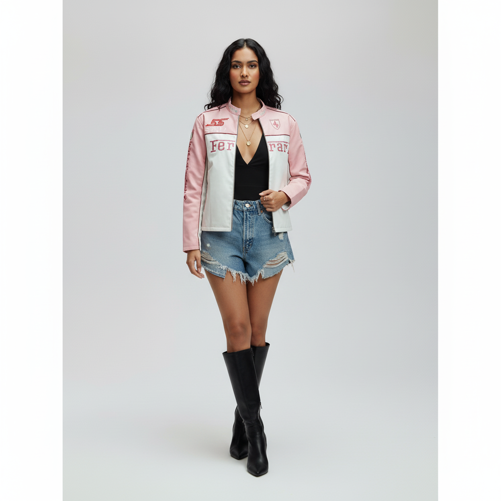Custom 55 Sainz Pink Ferrari Vegan Leather Jacket – Exclusive F1 Streetwear by Casique