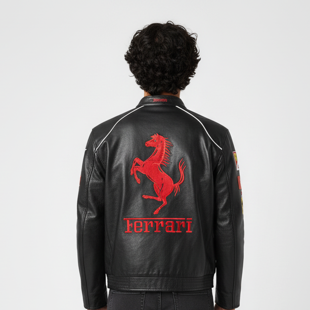 Ferrari Black & Red Vegan Leather Jacket - Embroidered (UNISEX)