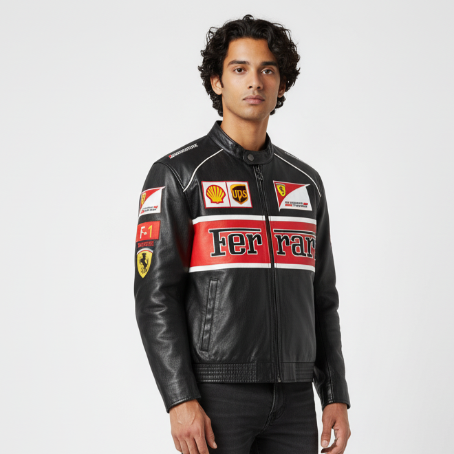 Ferrari Black & Red Vegan Leather Jacket - Embroidered (UNISEX)