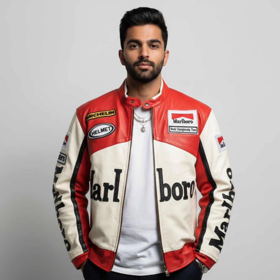 Marlboro White Leather Jacket - Embroidered (Unisex)