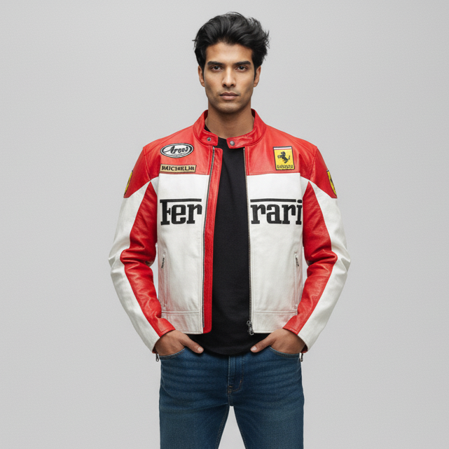 Red and White Premium Ferrari Leather Jacket - Embroidered (Unisex)