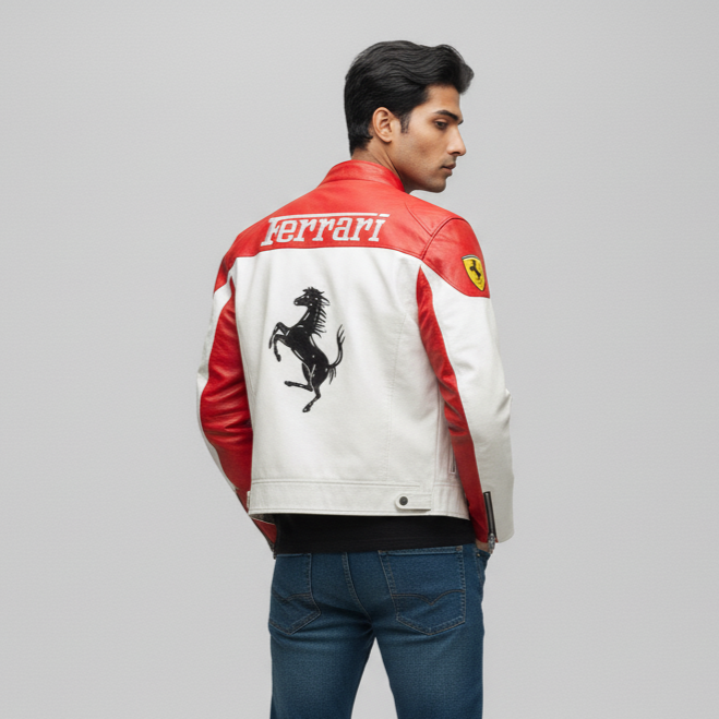 Red and White Premium Ferrari Leather Jacket - Embroidered (Unisex)