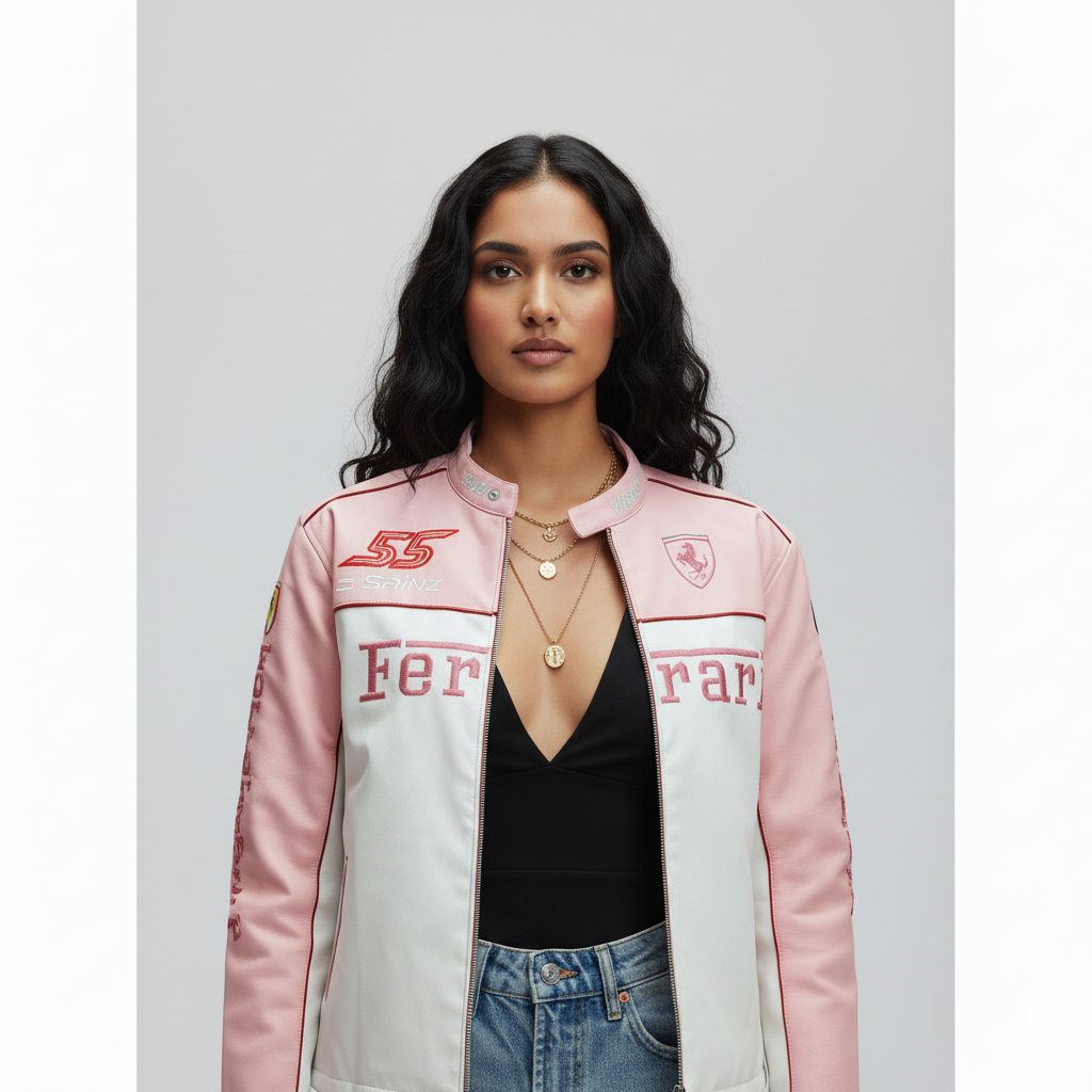 Custom 55 Sainz Pink Ferrari Vegan Leather Jacket – Exclusive F1 Streetwear by Casique