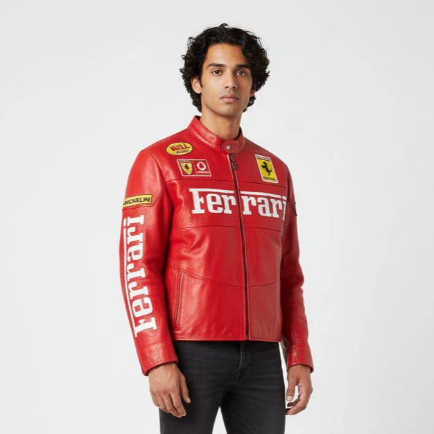 Ferrari Red Vegan Leather Racing Jacket – Embroidered (Unisex)