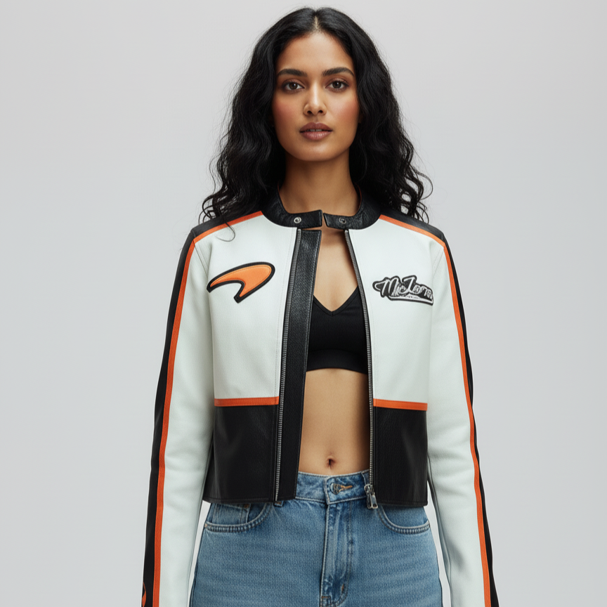 Mclaren Cropped Vegan Leather Jacket For Women