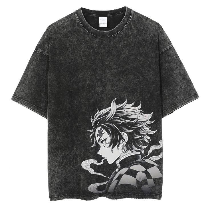 Demon Slayer Tanjiro Acid Wash Oversized T-Shirt – 240 GSM French Terry Cotton