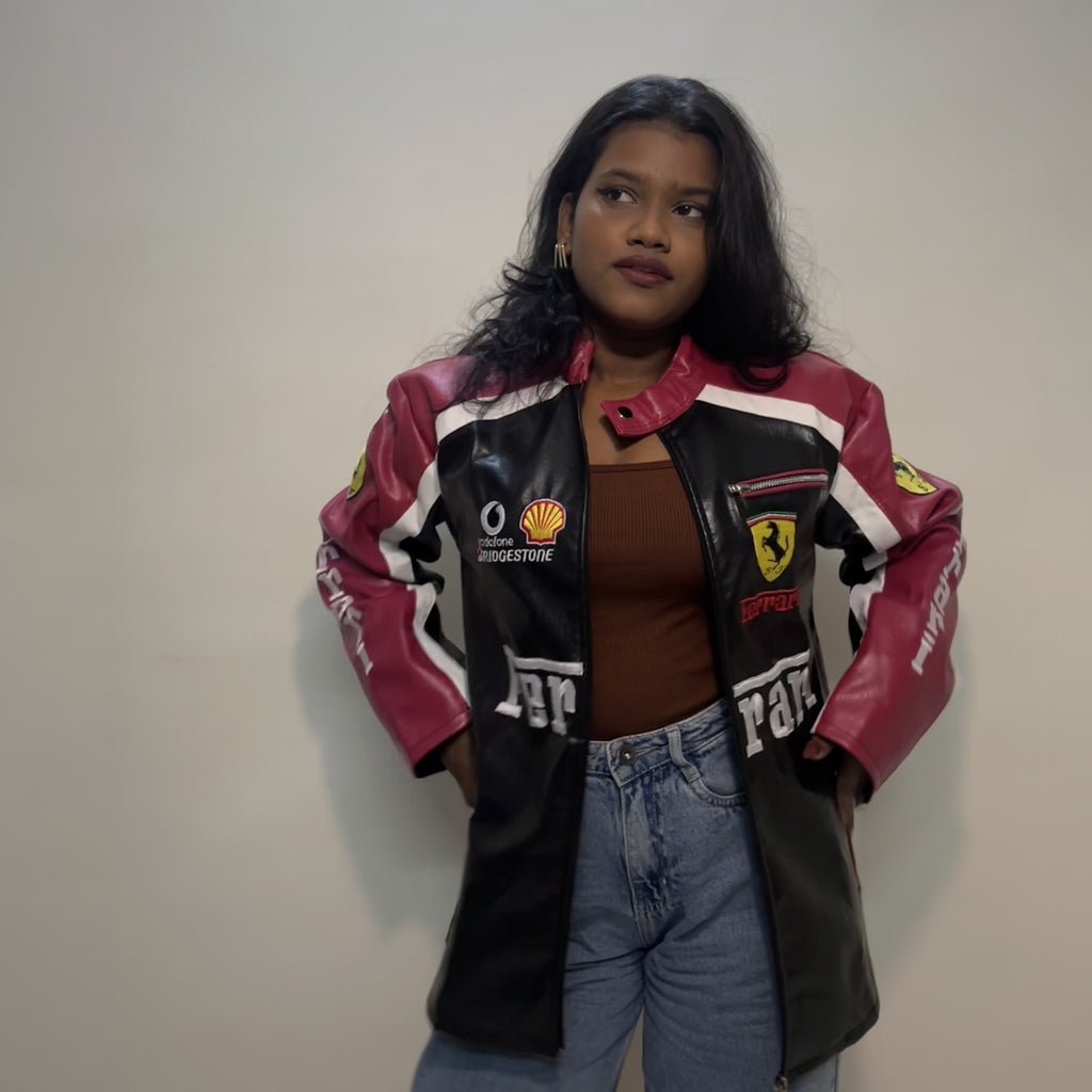 Ferrari Black & Red Vegan Leather Jacket Premium Embroidered (Unisex)