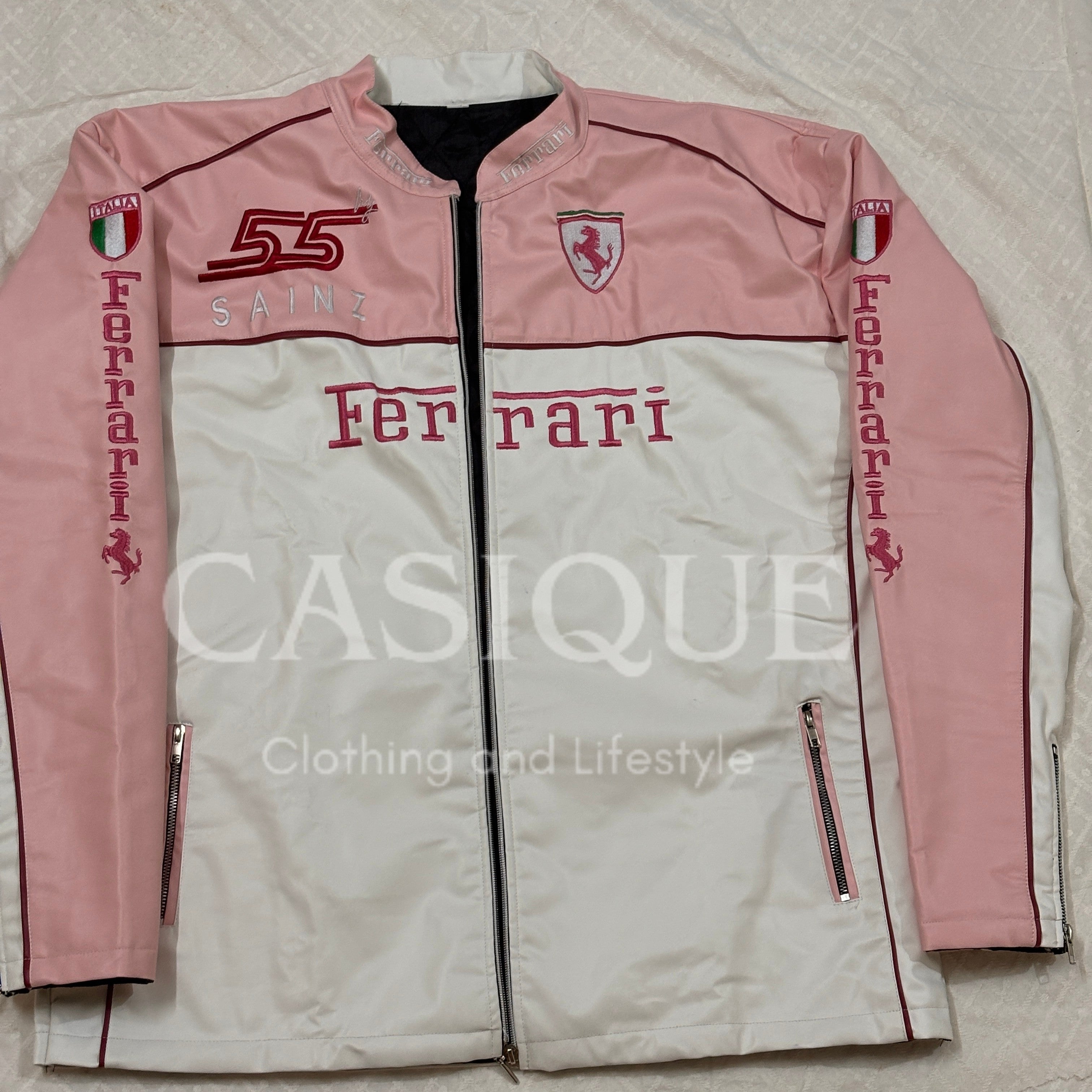 Custom 55 Sainz Pink Ferrari Vegan Leather Jacket – Exclusive F1 Streetwear by Casique