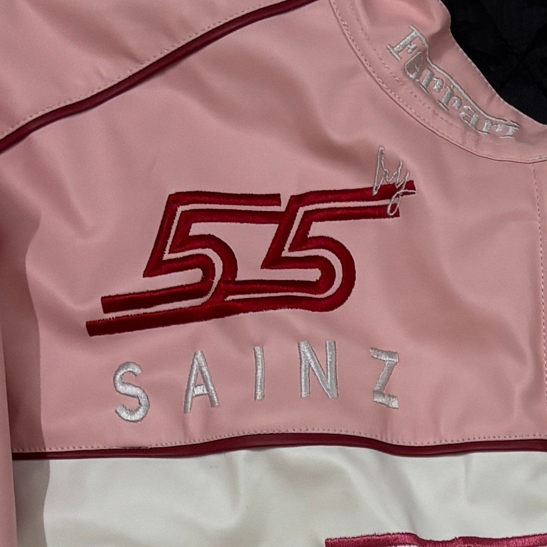 Custom 55 Sainz Pink Ferrari Vegan Leather Jacket – Exclusive F1 Streetwear by Casique