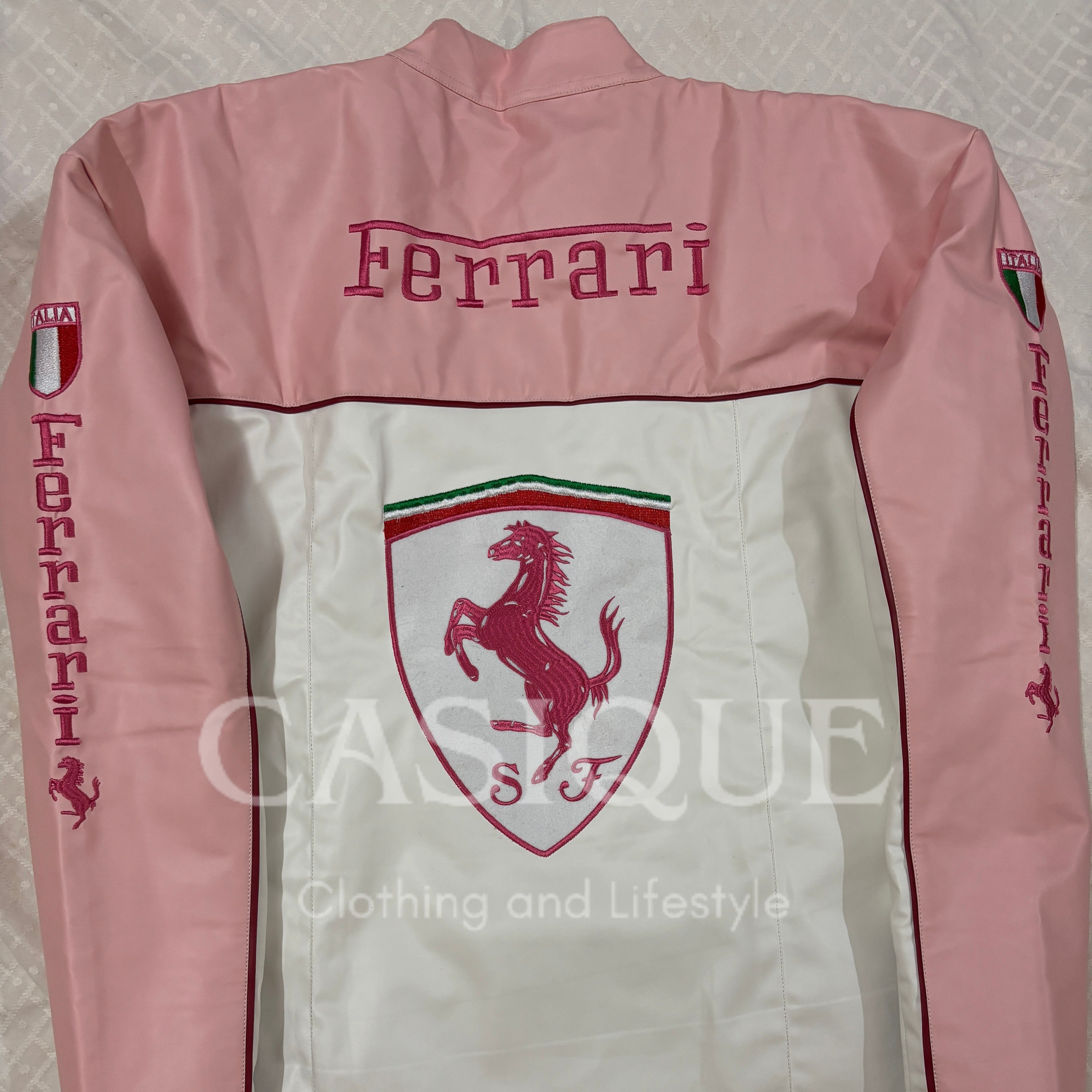 Custom 55 Sainz Pink Ferrari Vegan Leather Jacket – Exclusive F1 Streetwear by Casique