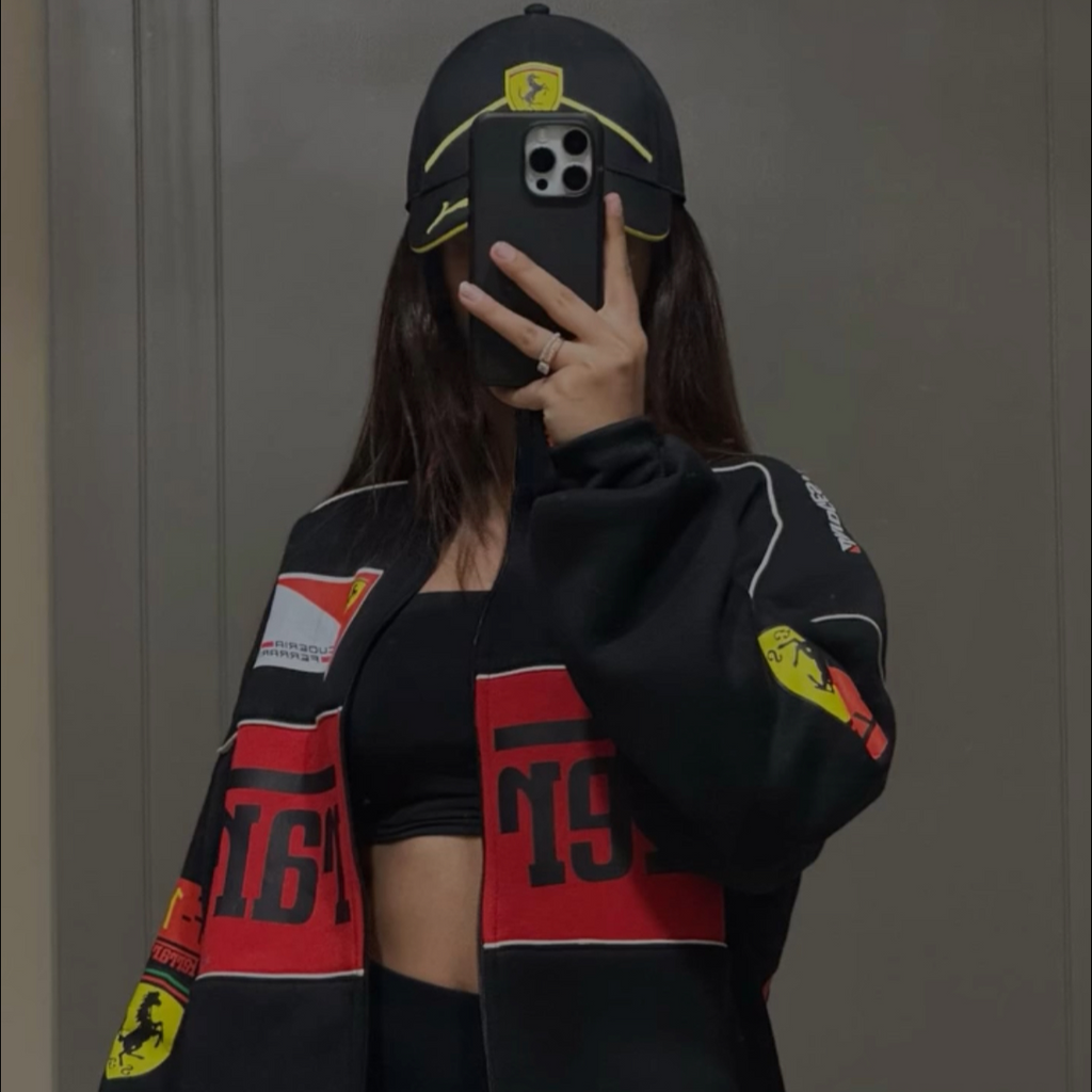 Black Vintage Ferrari Jacket – Retro Racing Streetwear by Casique (Unisex)