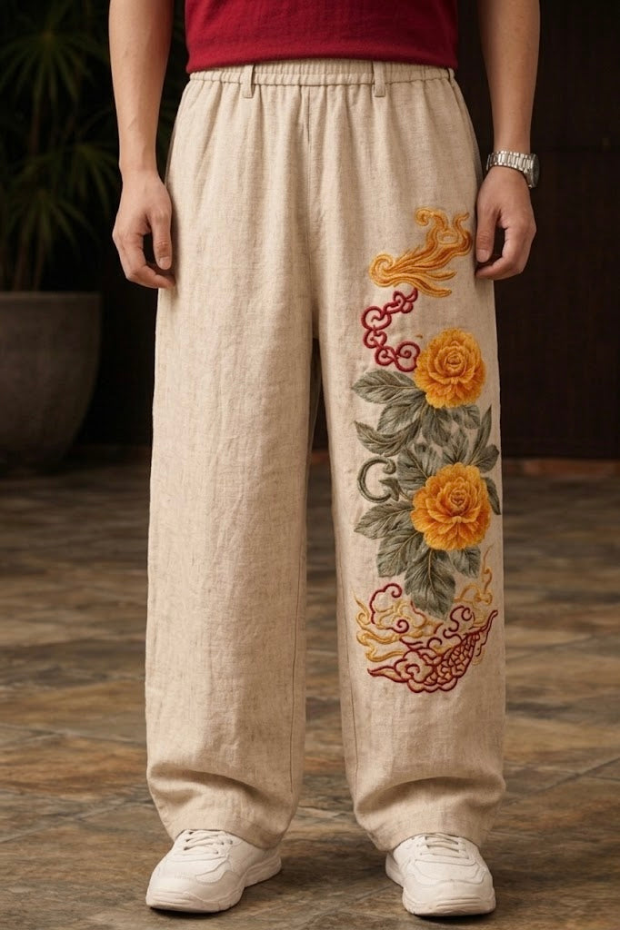 Chinese Baggy Pants for Unisex - Traditional Floral Embroidery | Casique