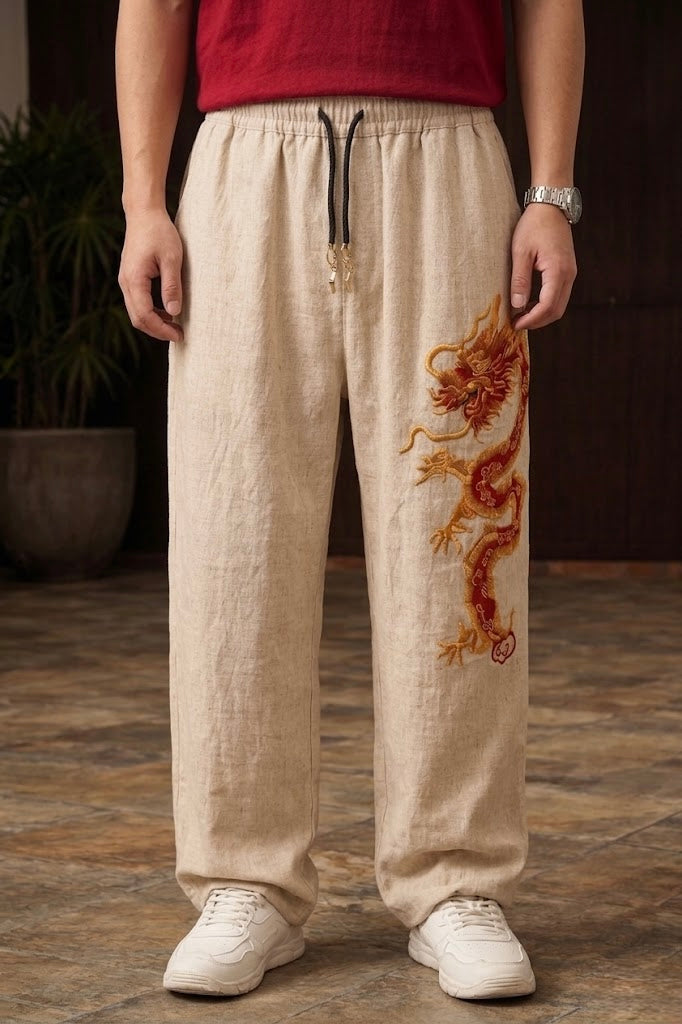 Chinese Dragon Baggy Pants for Unisex - Red & Gold 3D Embroidery | Casique