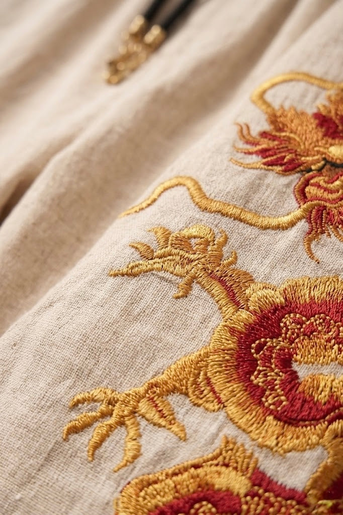 Chinese Dragon Baggy Pants for Unisex - Red & Gold 3D Embroidery | Casique