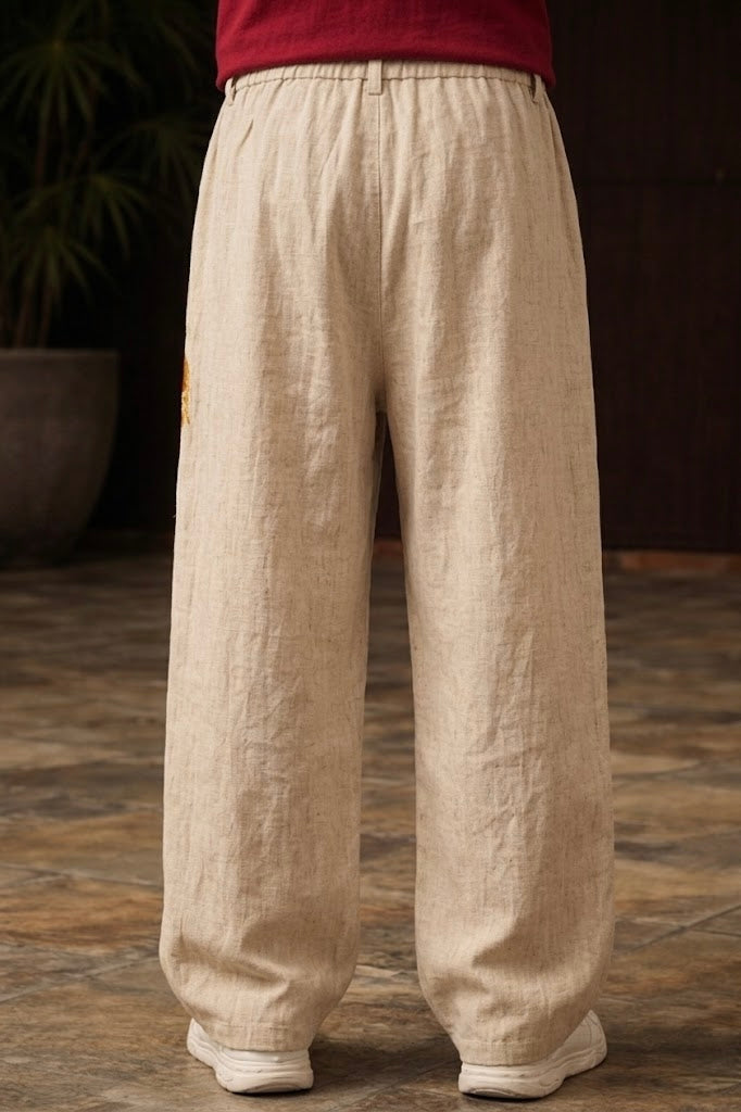 Chinese Dragon Baggy Pants for Unisex - Red & Gold 3D Embroidery | Casique
