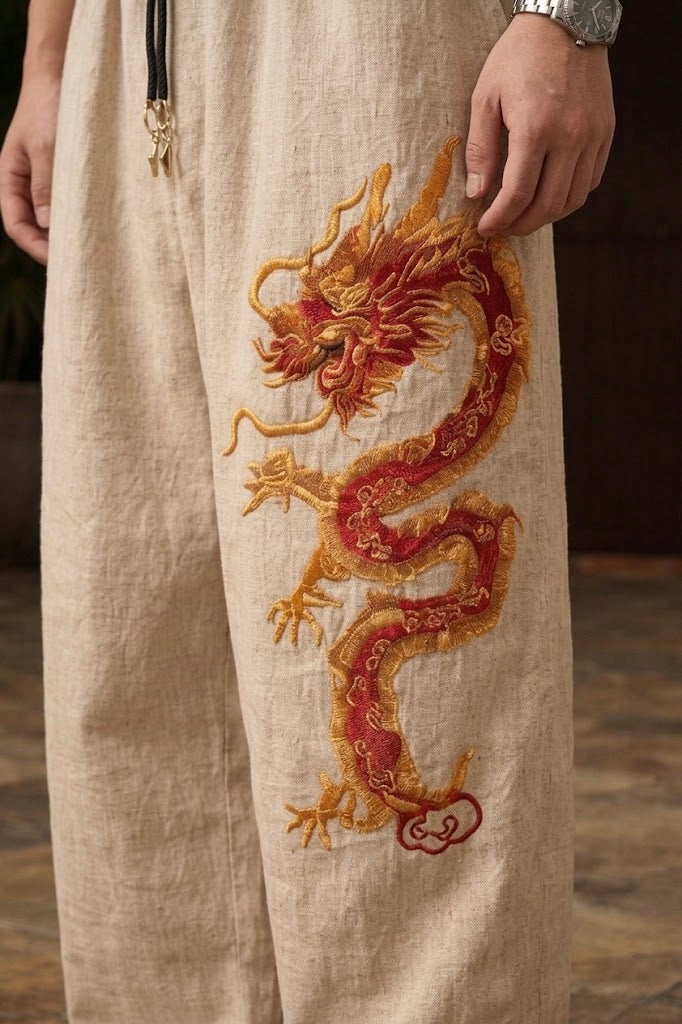 Chinese Dragon Baggy Pants for Unisex - Red & Gold 3D Embroidery | Casique