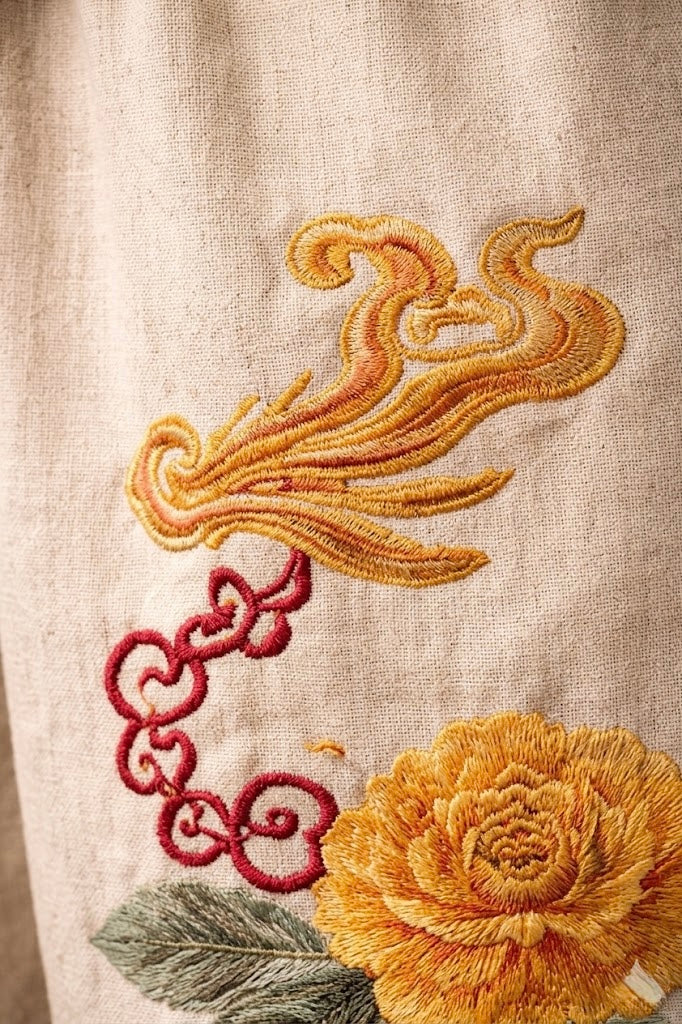 Chinese Baggy Pants for Unisex - Traditional Floral Embroidery | Casique