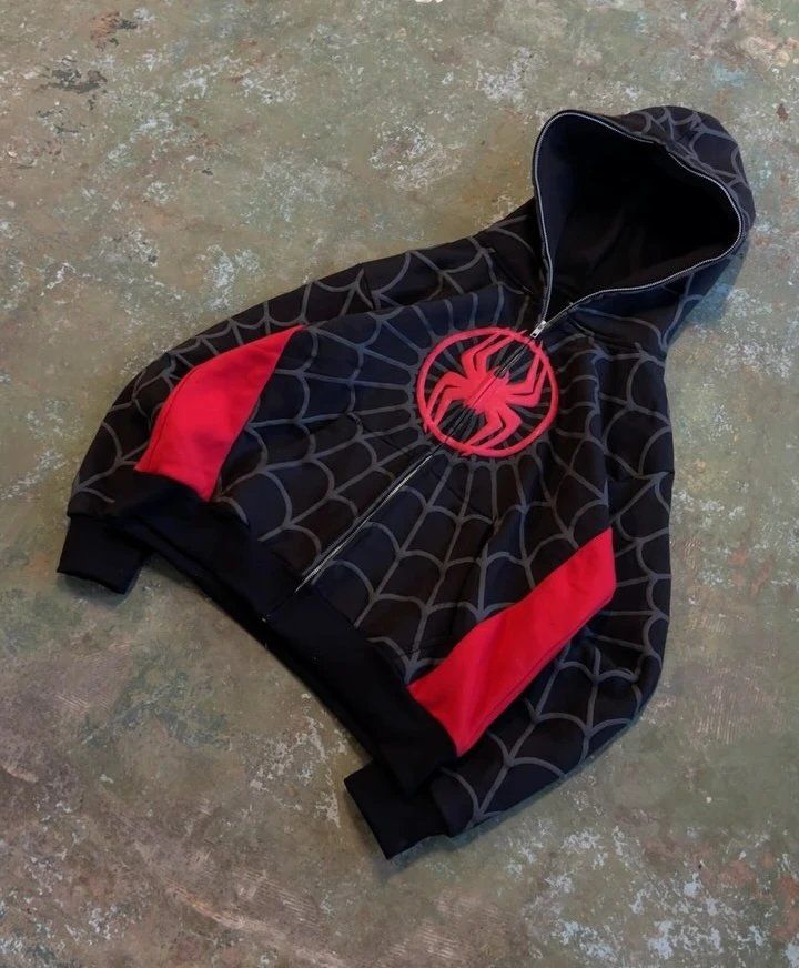 Spider Web Graphic Zip Hoodie – Unisex Oversized Streetwear Superhero Hoodie
