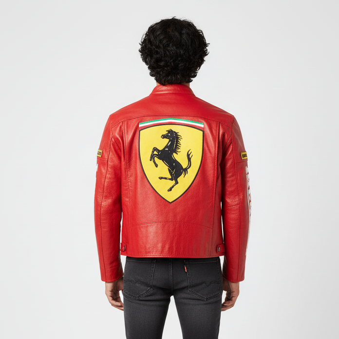 Ferrari Red Vegan Leather Racing Jacket – Embroidered (Unisex)