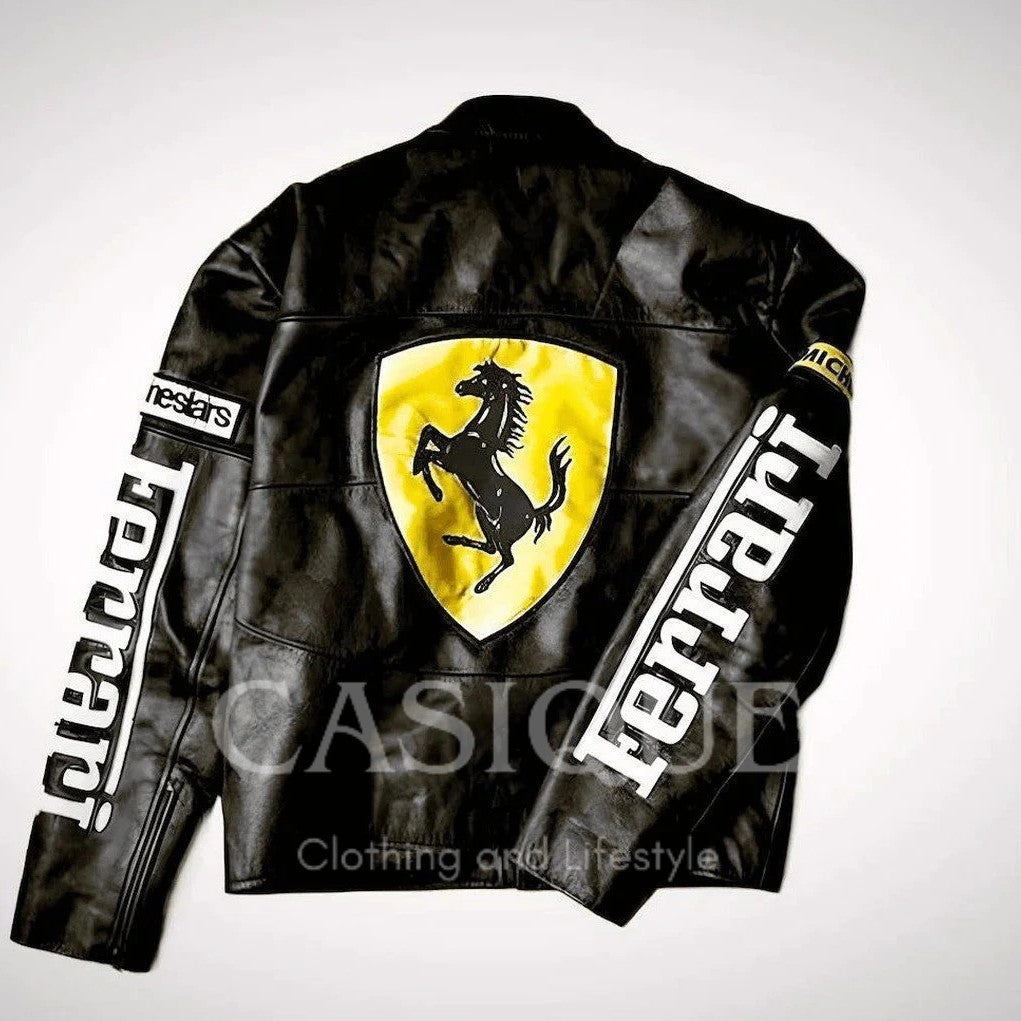 Ferrari Black Vegan Leather Racing Jacket – Embroidered (Unisex)