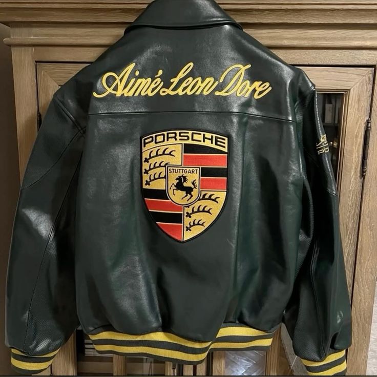 Porsche Varsity Leather Jacket – Limited Edition Dark Green Bomber with Embroidered Porsche Crest & Retro Racing Details