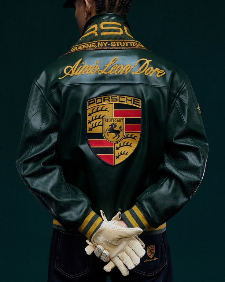 Porsche Varsity Leather Jacket – Limited Edition Dark Green Bomber with Embroidered Porsche Crest & Retro Racing Details