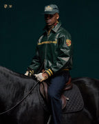 Porsche Varsity Leather Jacket – Limited Edition Dark Green Bomber with Embroidered Porsche Crest & Retro Racing Details