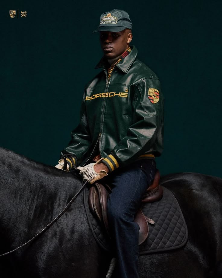 Porsche Varsity Leather Jacket – Limited Edition Dark Green Bomber with Embroidered Porsche Crest & Retro Racing Details