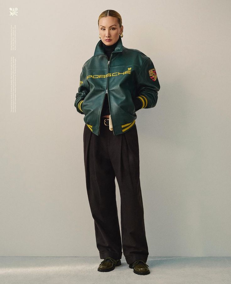 Porsche Varsity Leather Jacket – Limited Edition Dark Green Bomber with Embroidered Porsche Crest & Retro Racing Details