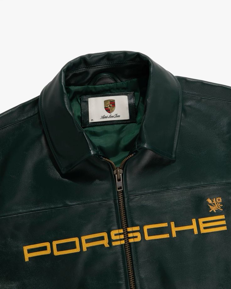 Porsche Varsity Leather Jacket – Limited Edition Dark Green Bomber with Embroidered Porsche Crest & Retro Racing Details