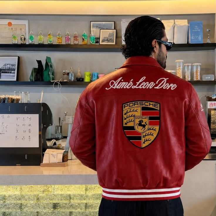 Porsche Red Varsity Leather Jacket – Limited Edition Bomber with Embroidered Porsche Crest & Retro Racing Details