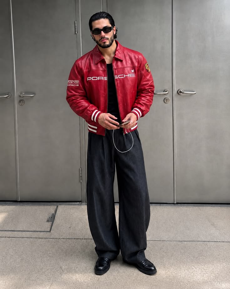 Porsche Red Varsity Leather Jacket – Limited Edition Bomber with Embroidered Porsche Crest & Retro Racing Details
