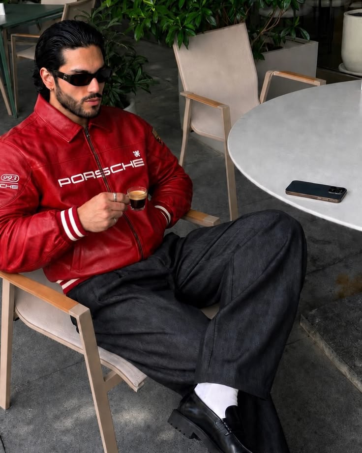 Porsche Red Varsity Leather Jacket – Limited Edition Bomber with Embroidered Porsche Crest & Retro Racing Details