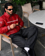 Porsche Red Varsity Leather Jacket – Limited Edition Bomber with Embroidered Porsche Crest & Retro Racing Details