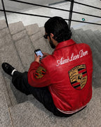 Porsche Red Varsity Leather Jacket – Limited Edition Bomber with Embroidered Porsche Crest & Retro Racing Details