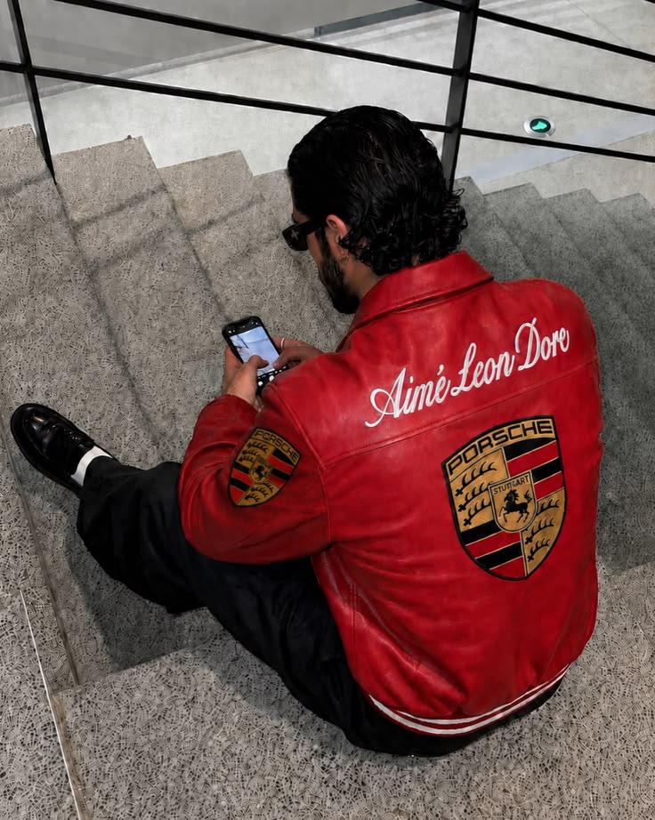 Porsche Red Varsity Leather Jacket – Limited Edition Bomber with Embroidered Porsche Crest & Retro Racing Details