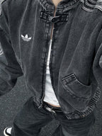 Vintage Washed Denim CNY Jacket – Chinese Knot Streetwear Oversized Unisex Jacket with Stripe Sleeves